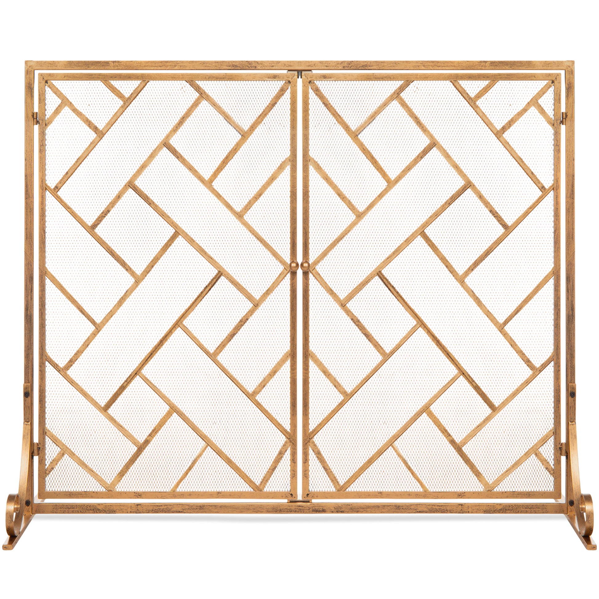 2-Panel Wrought Iron Geometric Fireplace Screen w/ Magnetic Doors - 44x33in