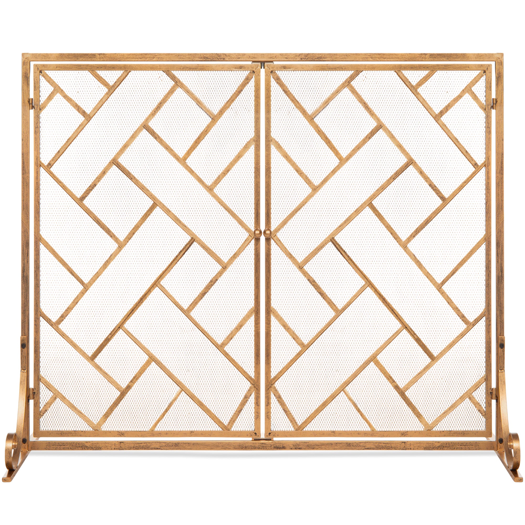 2-Panel Wrought Iron Geometric Fireplace Screen w/ Magnetic Doors - 44x33in