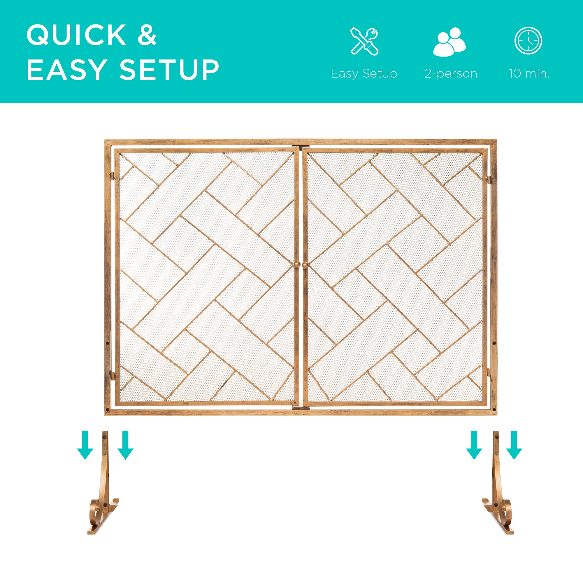 2-Panel Wrought Iron Geometric Fireplace Screen w/ Magnetic Doors - 44x33in