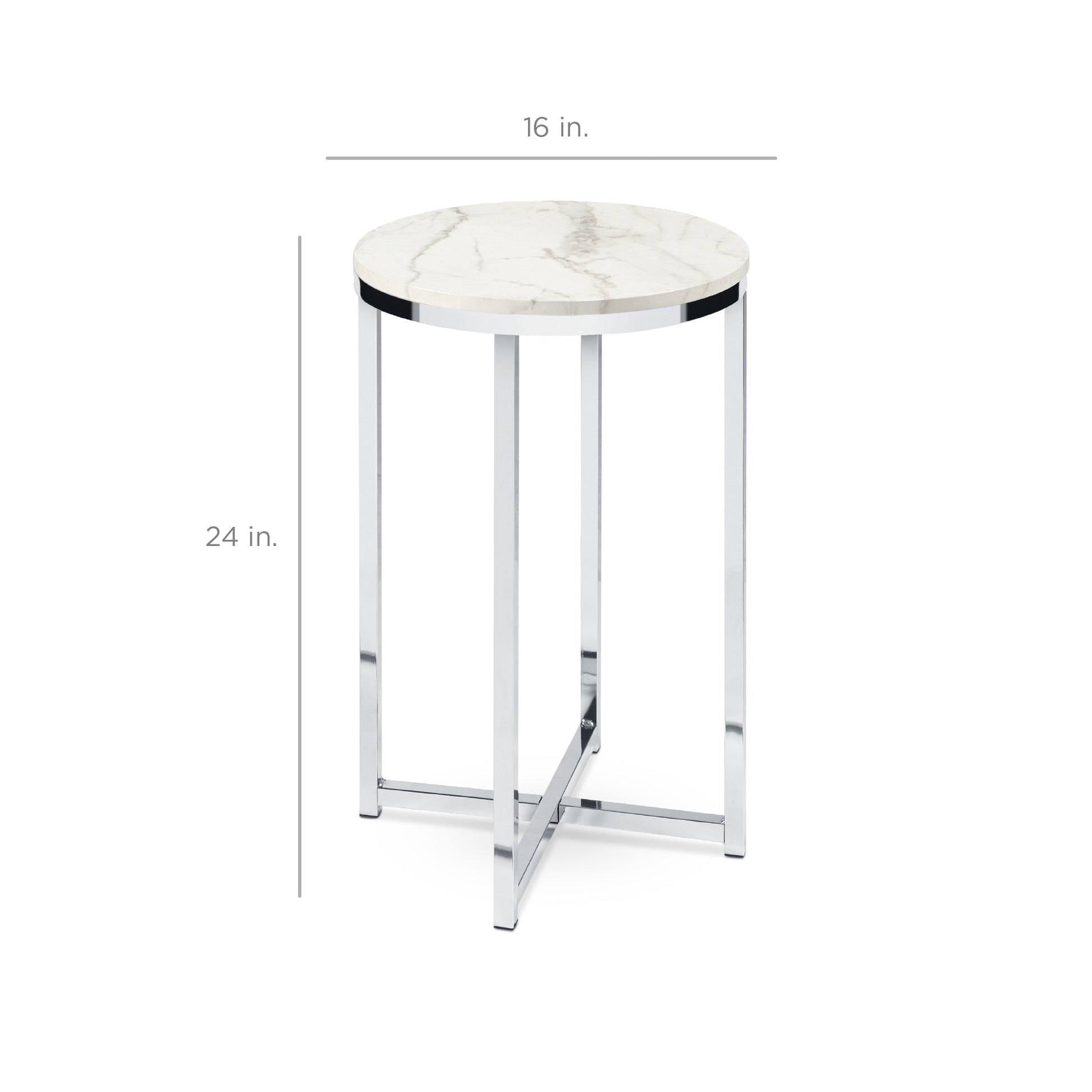 Round Coffee Side Table w/ Faux Marble Top, Metal Frame - 16in