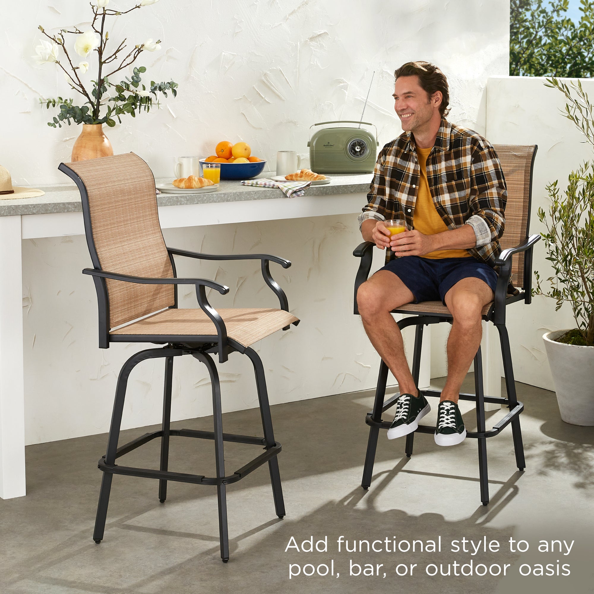 Set of 2 Swivel Barstools w/ 360 Rotation, All-Weather Mesh - Thumbnail 2