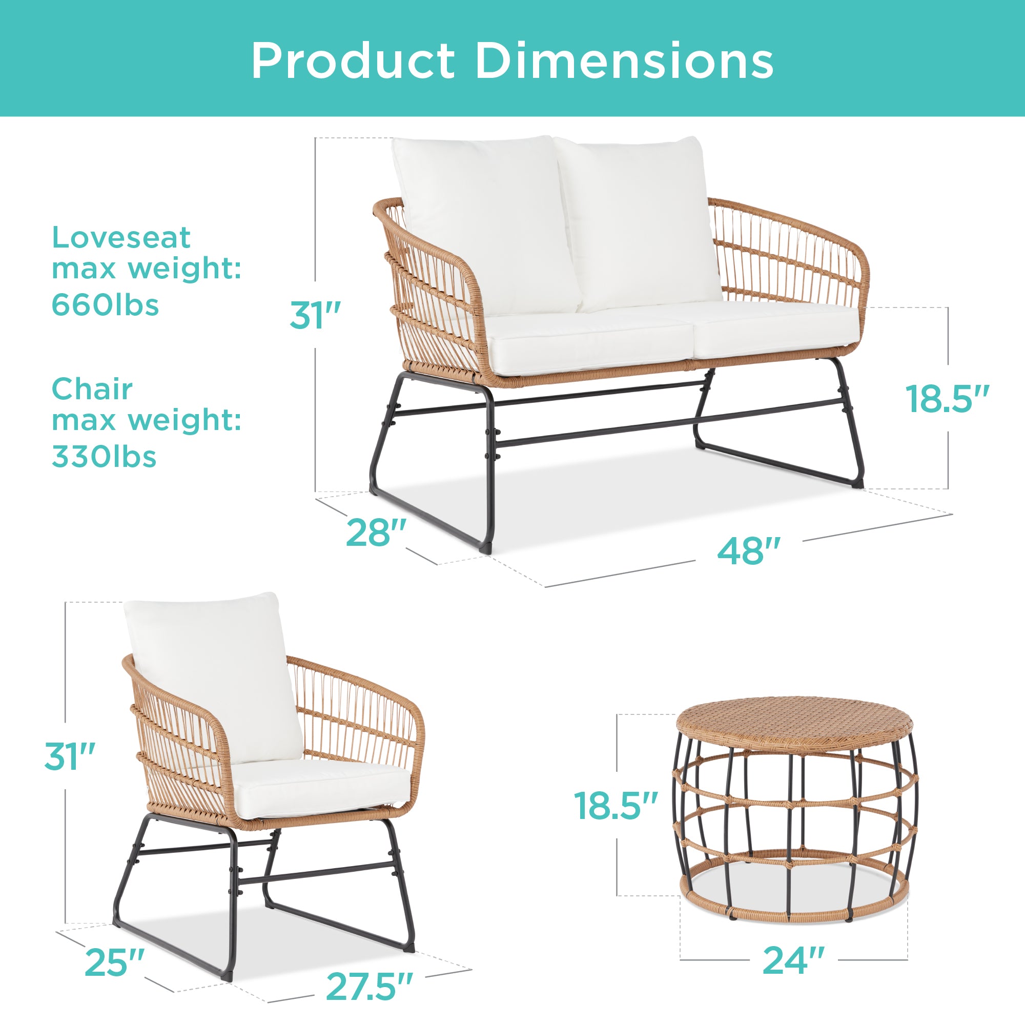 4-Piece Rope Wicker Outdoor Conversation Set w/ Cushions, Table