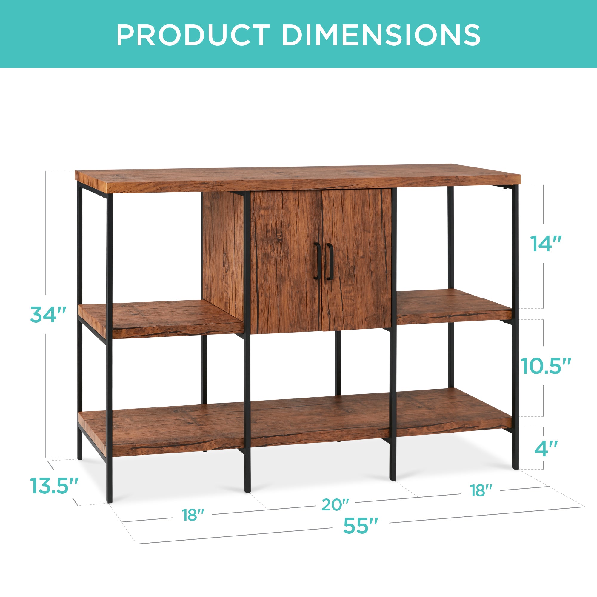 Best Choice Products 55in Industrial 4-Tier Console Table w/ Tall Shelves, Metal Frame - Dark Walnut