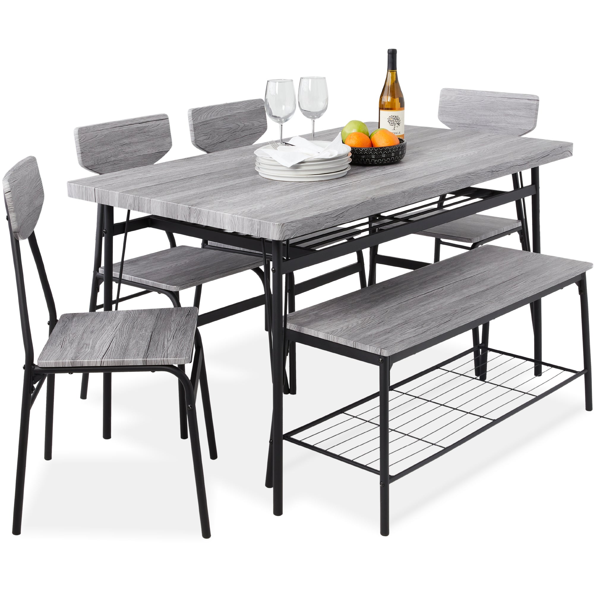6-Piece Modern Dining Set w/ Storage Racks, Table, Bench, 4 Chairs - 5 ...