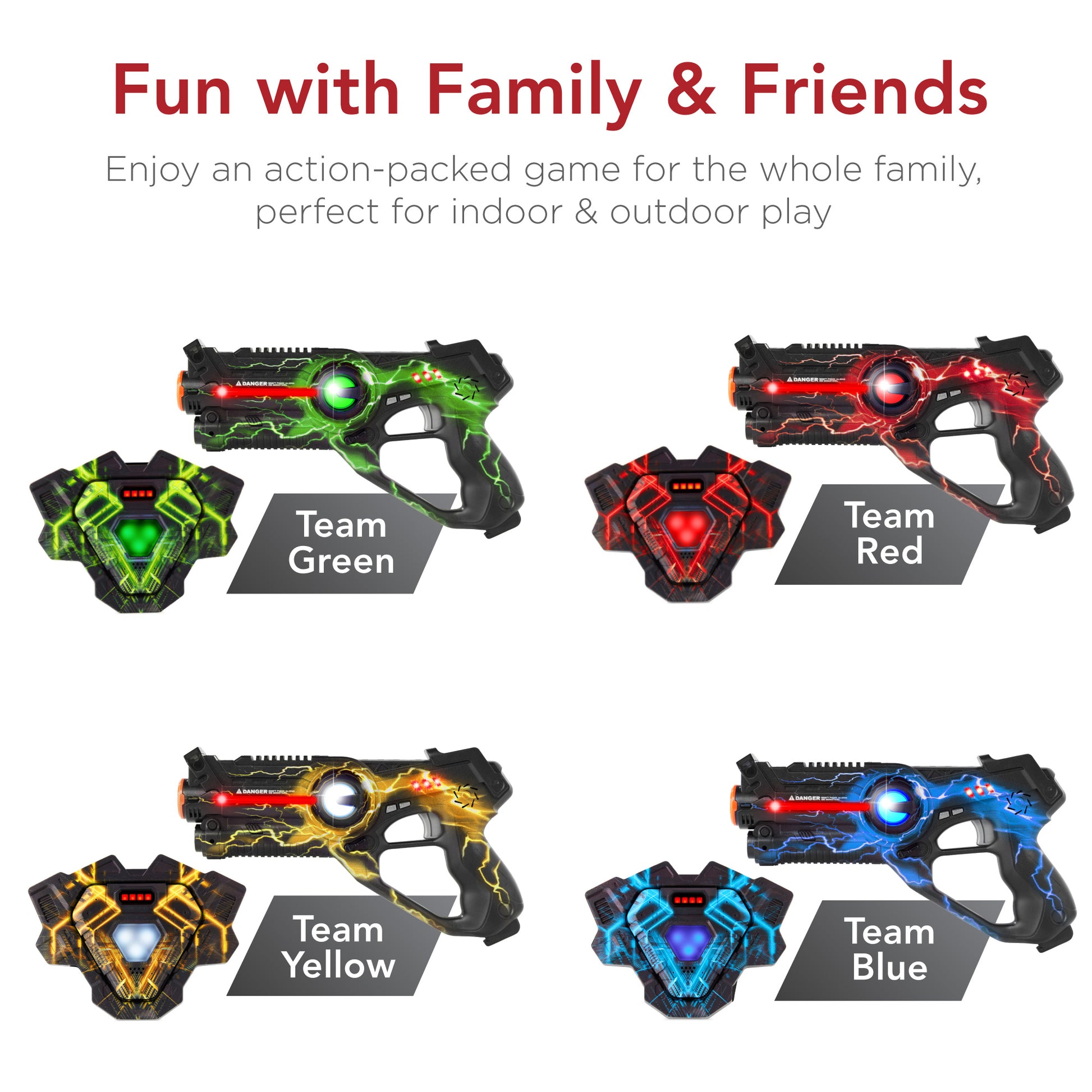 Set of 4 Infrared Laser Tag Blasters & Vests for All Ages w/ Electric Theme