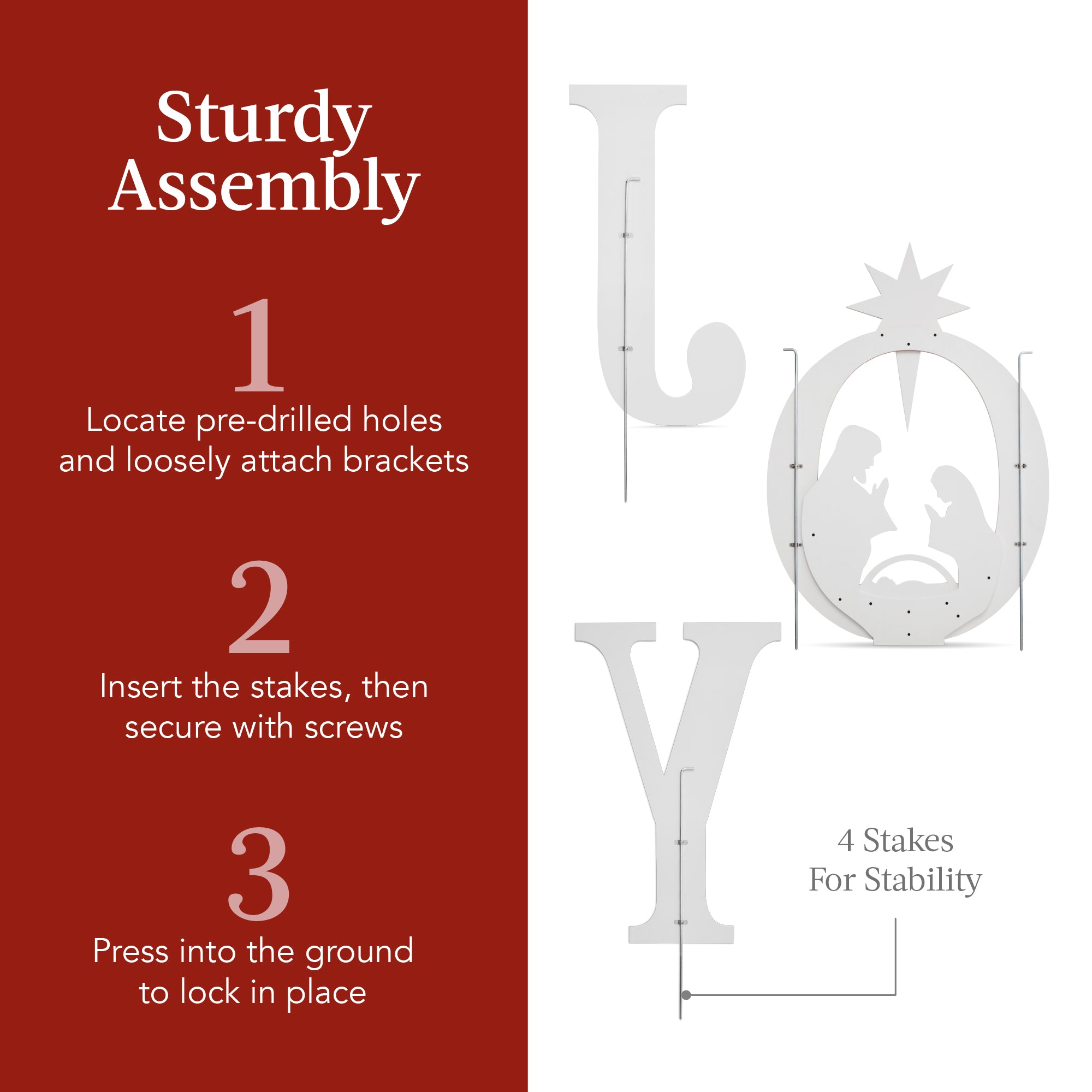 3-Piece Christmas JOY Nativity Yard Decoration w/ Ground Stakes - 46in