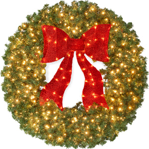 Pre-Lit Artificial  Fir Christmas Wreath w/ Red Bow, LED Lights